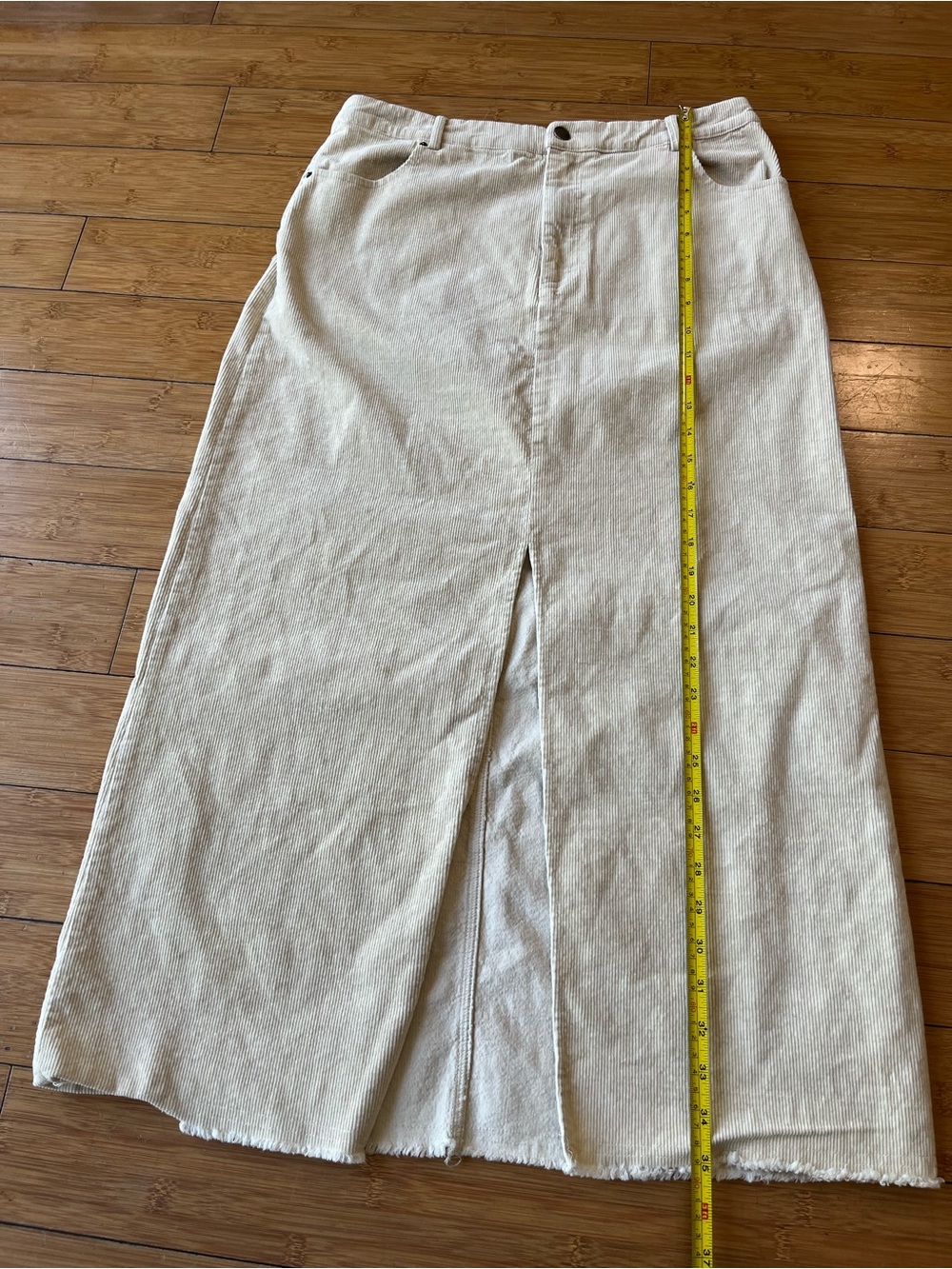 Mystree Cream High-Waist Western Corduroy Midi Skirt with Front Slit Raw Hem - Picture 8 of 11